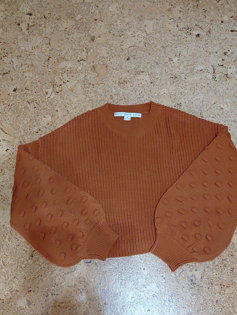 Hyfve Women's Burnt Orange Cropped Knit Sweater With Popcorn Sleeves Size S